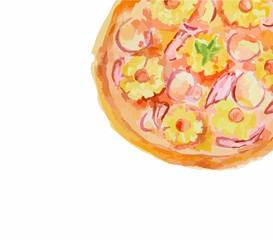 Isolated watercolor pizza on white background. Tasty italian snack or street food. Italian cuisine.