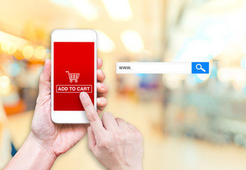 Hand holding mobile  with Add to cart button and empty screen fo