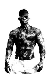 Fototapeta na wymiar Double exposure black man with a naked torso, without a shirt. Fitness model, muscular body. Isolated on white background.