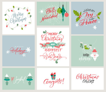 Vector alphabet. Christmas and New Year congrats. Season greetings. Lettering for postcards and greetings to family and friends