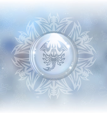 A vector illustration of a transparent snow globe in a snowflake frame on the blurred background with a zodiac sign Scorpio. Includes transparent objects and opacity masks. 