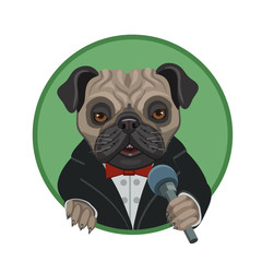 Dog pug with a microphone lead/ The dog breed pug with a microphone, he's the host of the singer or karaoke, for any suitable theme entertainment and laughter and joy!