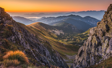 Mountain Landscape in Colourful Sunset. View from Mount Dumbier in Low Tatras, Slovakia. West...
