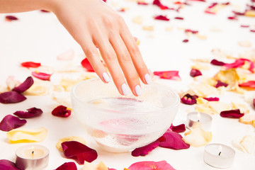 Female gentle hand on bowl with water