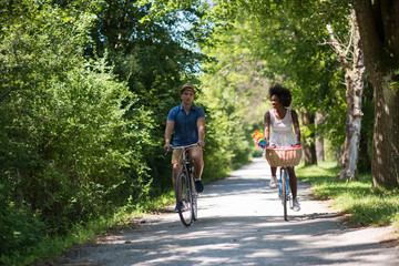 Young multiethnic couple having a bike ride in nature