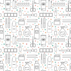 Seamless vector pattern cosmetics and manicure. Color line style
