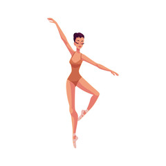 Young beautiful dancer in tights and ballet shoes, cartoon illustration isolated on white background. Young graceful ballet dancer wearing tights and ballet slippers © sabelskaya