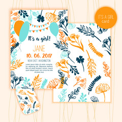 Baby Shower Invitation Template with hand lettering and floral elements on wooden background. It is a girl.