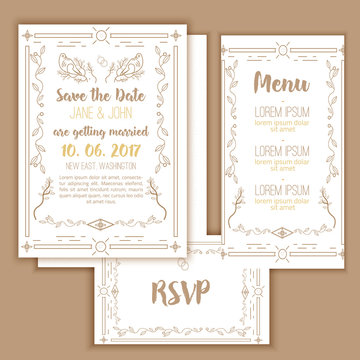 Printable Save the date with geometric gold frame in linear style. element for design with menu and RSVP cards, leaves, tree and birds.