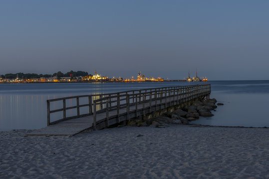Germany, Eckernfoerde, view to harbor with sea bridge in the foreground