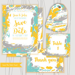 Save the date freehand card with hand drawn background. Modern Stock vector. Invitation design with thank you and Table card.
