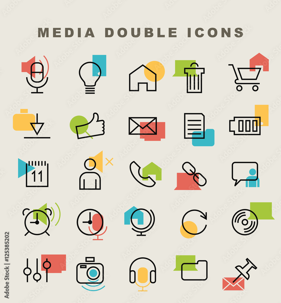 Poster set of 25 minimal simple multimedia and interface double thin line icons.
