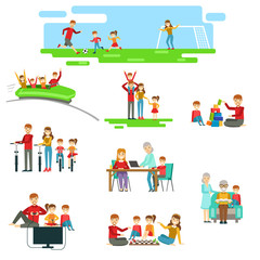 Happy Family Having Fun Together Set Of Illustrations