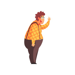 Flamboyant Know-it-all Guy Character In Checked Orange Shirt And Suspenders