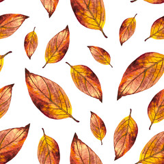 Fototapeta premium Watercolor seamless pattern red autumn leaves, hand painted orange watercolour autumn background of falling leaf, design for fabric, textile, wrapping paper, card, invitation, wallpaper, web design
