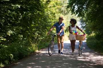 Young multiethnic couple having a bike ride in nature