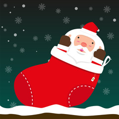 cute fat big Santa Claus come out of Christmas sock on falling snow flake green background