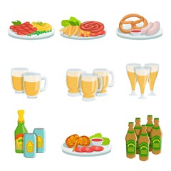 Oktoberfest Grill Set Of Food Plates And Beers Illustrations