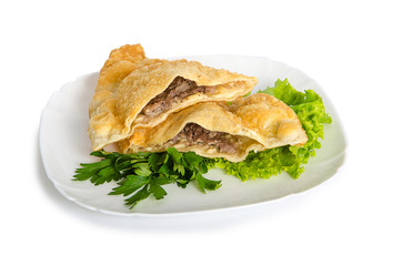 one cheburek with lamb and herbal on white plate