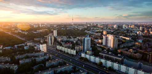 Naklejka na ściany i meble Aerial view of Kiev city. Ukraine at sunset. Outdoor.