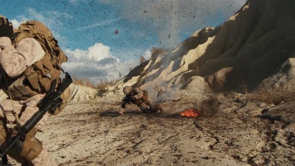 Squad of Fully Equipped, Armed Soldiers Being Attacked and Bombed During Combat in the Desert. Slow Motion.
