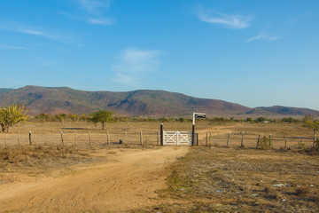 Brazil, Bahia, Farmlands gate and dirt road