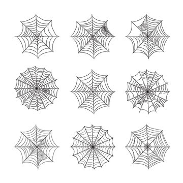 Spider web set isolated on white background. Monochrome web set