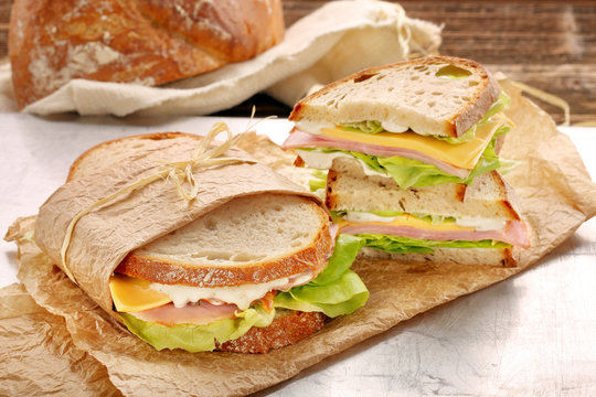 Fresh sandwich with ham cheese and lettuce