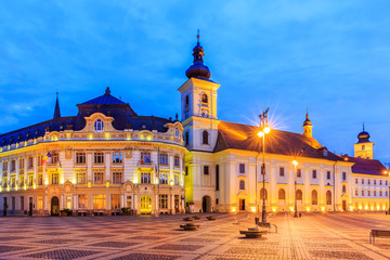 Fototapeta na wymiar Sibiu, Romania. Large Square and City Hall.