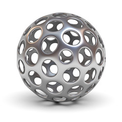 Hollow metallic chrome sphere isolated over white background with shadow 3D rendering