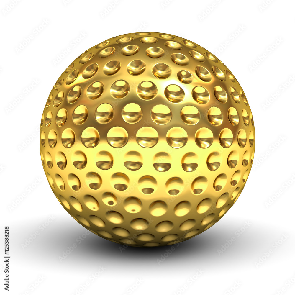 Aufkleber gold golf ball isolated over white background with reflection and shadow 3d rendering