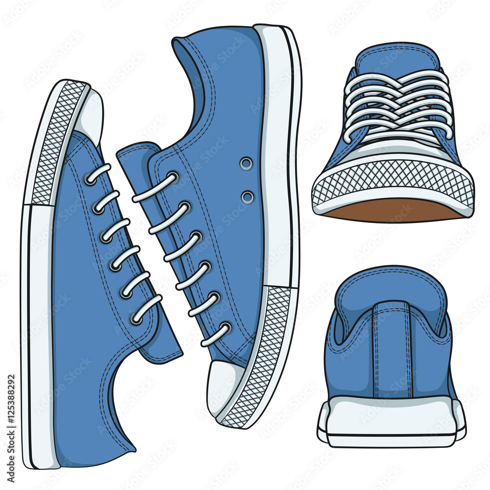 Aufkleber set of vector illustrations with colored sneakers. isolated objects on white.