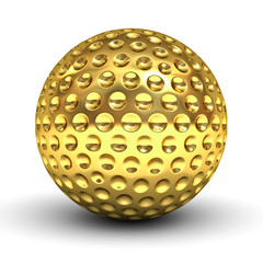 Gold golf ball isolated over white background with reflection and shadow 3D rendering