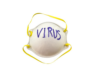 Close up of white mask stack and word virus in mask on white background,touch-up in prevention of virus.Saved with clipping path