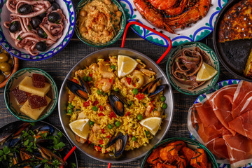 Typical spanish tapas concept, top view.
