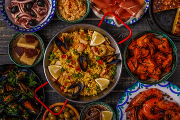 Typical spanish tapas concept, top view.