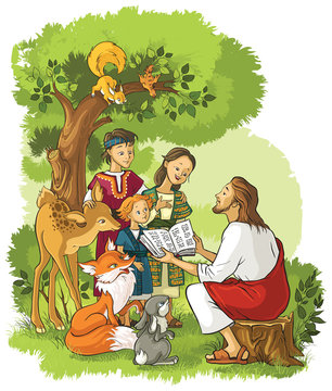 Jesus reading the Bible to children and animals