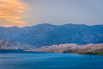 Island Pag seascape aerial. / Aerial view on seascape and coast of Island Pag, Croatia sunset time.