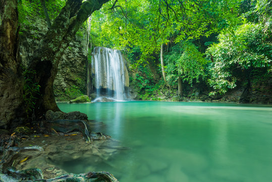 Green and clean waterfall for relaxation, Erawan waterfall , Located Kanchanaburi, Thailand © peangdao