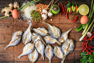 The fish on the table, Kitchenware on the wood, wood background, Thailand food.
spices on the wood, spices thailand, Food spices,top view,spices,various,
