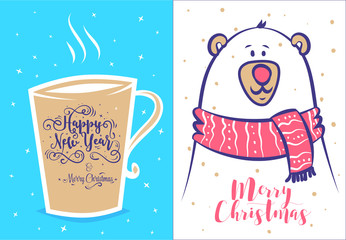 Funny new year set . Christmas greeting card background poster. Vector illustration.