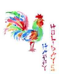 Watercolor hand drawn bright greeting card with the rooster, chi