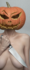 Naked Halloween Lady with Pumpkin Head