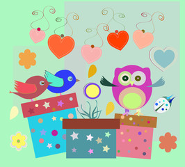 birthday party elements with cute owls, birds, hearts and flowers