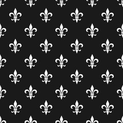 Golden fleur-de-lis seamless pattern. Vector illustration. Black white template. Floral texture. Elegant decoration, royal lily retro background. Design vintage for card, wallpaper, wrapping, textile.