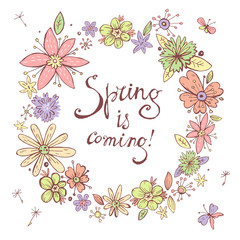 Vector spring wreath with vintage pastel hand drawn doodle flowe