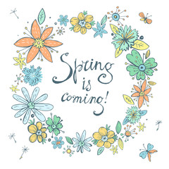 Vector spring wreath with vintage pastel hand drawn doodle flowe