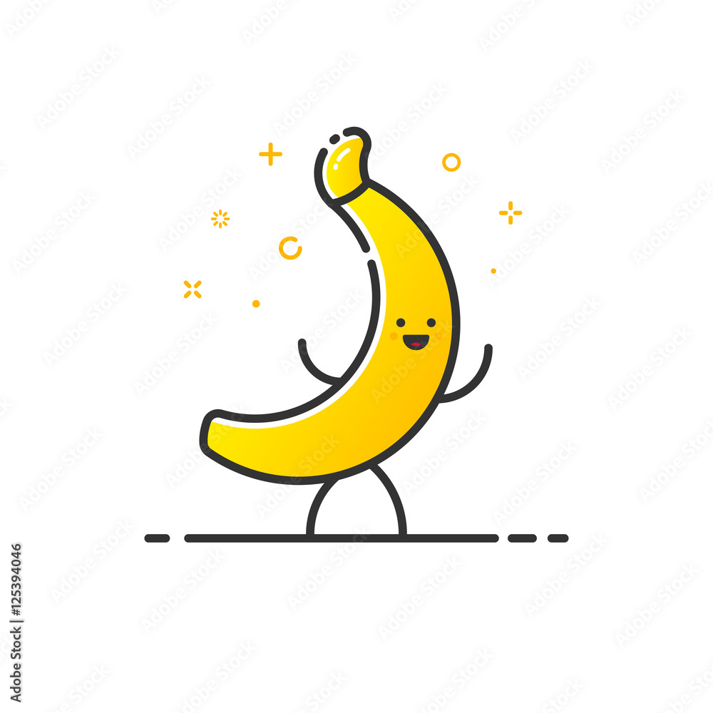 Poster vector illustration of funny banana character cartoon isolated in line style. linear yellow cute fru