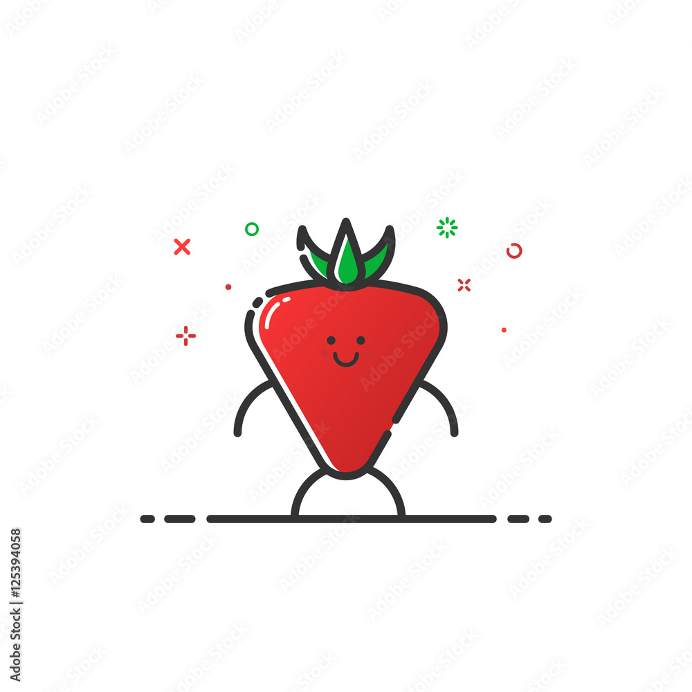 Poster vector illustration of funny strawberry character cartoon isolated in line style. linear red cute fr