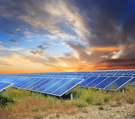 Solar panels with sunset's sky